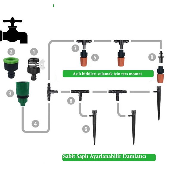 BUFFER® 15 Metre Bahçe Damlama Sulama Sistemi Seti Hortum ve Ek Parçaları