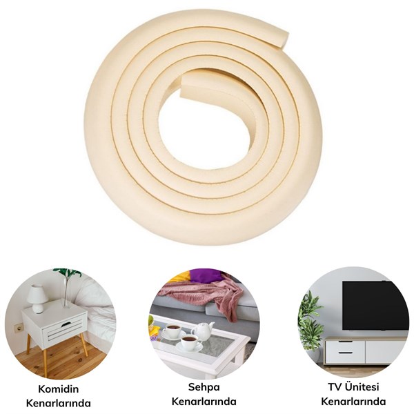 BUFFER® 2 Metre Sarmal Krem Masa Kenar Koruyucu Şerit Masa Köşe Aparatı Bebek Çocuk Cam Ahşap Masa