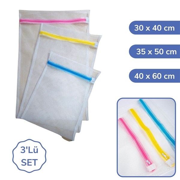 BUFFER® 3 Adet Çamaşır Yıkama Filesi Renkli Fermuarlı 3 Boy