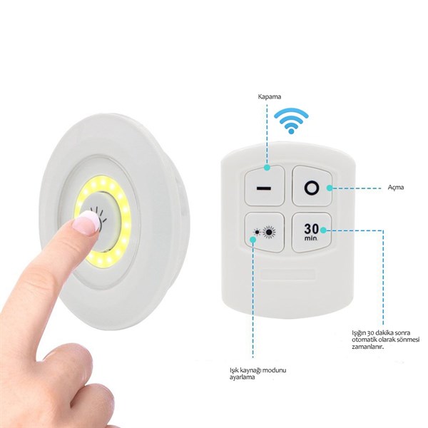 BUFFER® 3lü Uzaktan Kumandalı Pilli Yapışkanlı Kablosuz Led Spot Lambalar