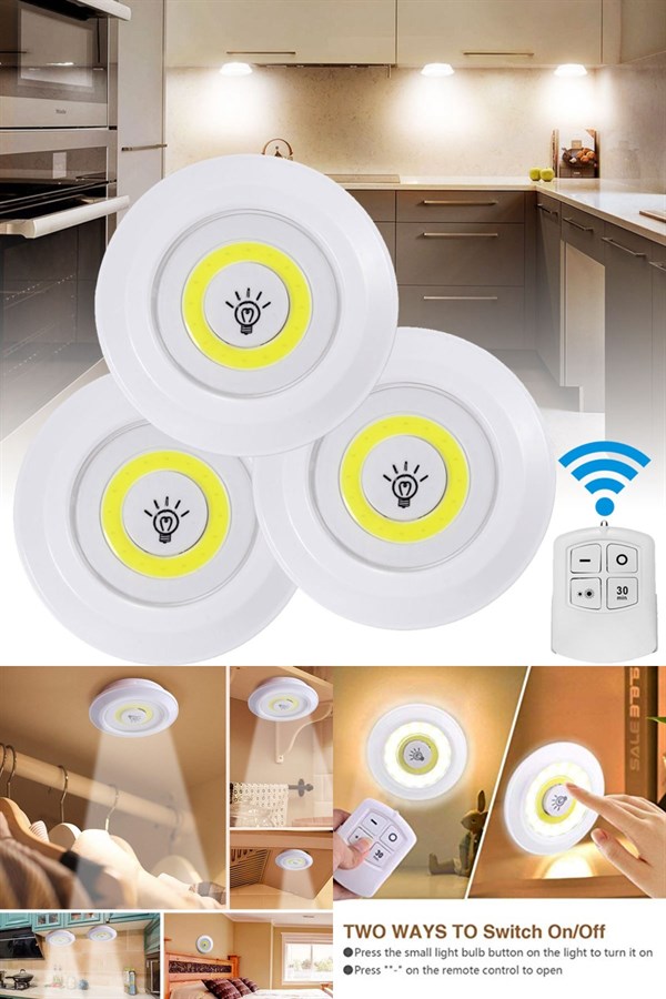 BUFFER® 3lü Uzaktan Kumandalı Pilli Yapışkanlı Kablosuz Led Spot Lambalar
