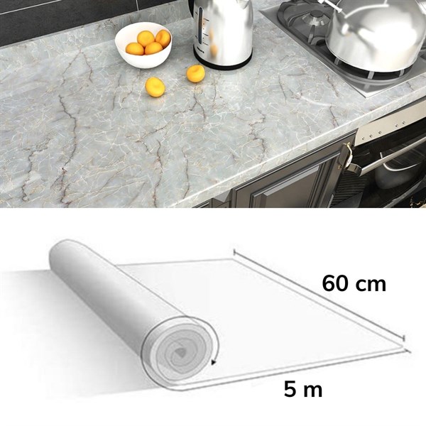 BUFFER® 5mt x 60 cm Mermer Desenli Masa Tezgah Mutfak Su Geçirmez Yapışkanlı Folyo Sticker