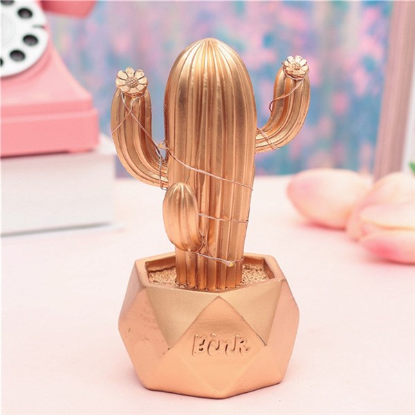 BUFFER® Led Işıklı Sevimli Kaktüs Dekoratif Masa Lambası Mini Biblo Gece Lambası Gold