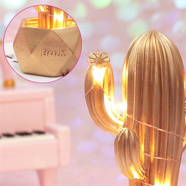 BUFFER® Led Işıklı Sevimli Kaktüs Dekoratif Masa Lambası Mini Biblo Gece Lambası Gold