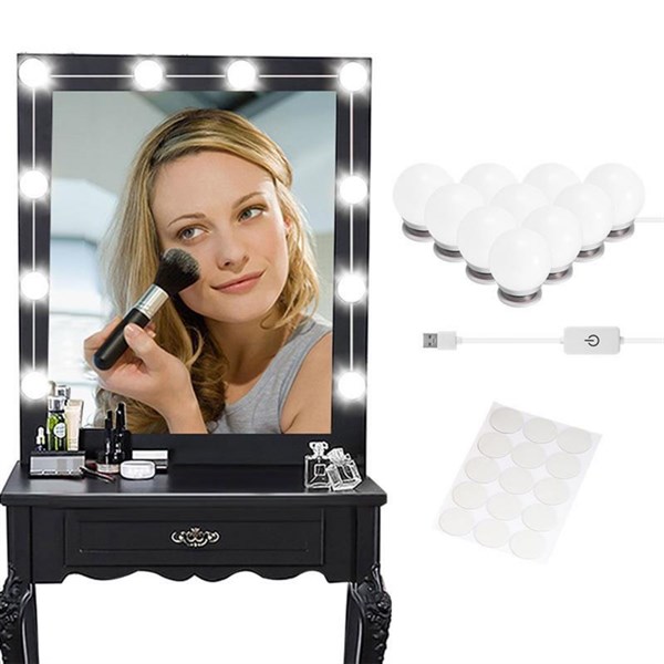 BUFFER® Nostalji Hollywood Tarzı 10lu Makyaj Masası Aynası Beyaz Led Işıklı Lamba USB
