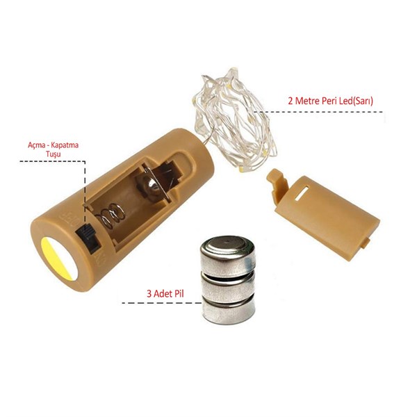BUFFER® Şişe Mantar Tıpa Şeklinde Dekorasyon 2 Metre İnce Tel Pilli Peri Led