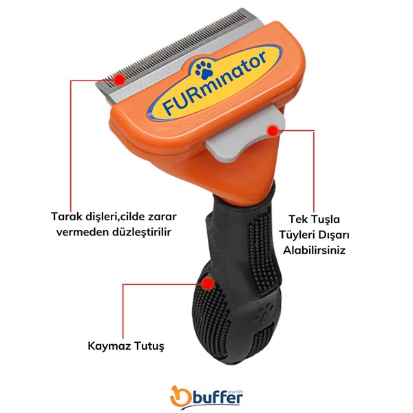 BUFFER® Uzun Tüylü Köpekler İçin Kolay Tarama Fırçası Temizlenebilir Çelik Tarak Tüy Toplayıcı Medium